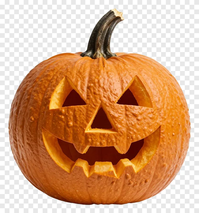 A carved jack-o'-lantern pumpkin with water droplets.