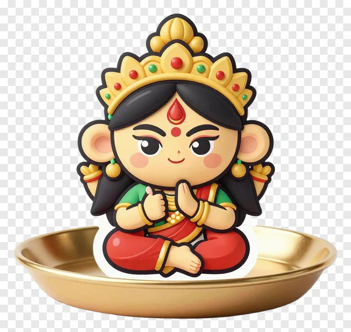 Cartoon goddess Durga on a golden thali.