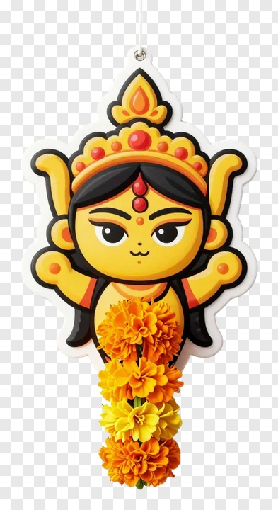 A cartoon goddess Durga with a marigold garland hanging down.