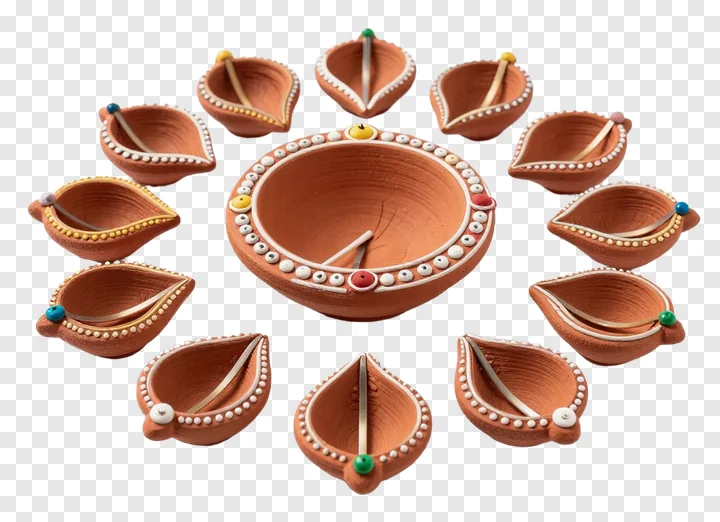 Set of terracotta diyas arranged in circular pattern.