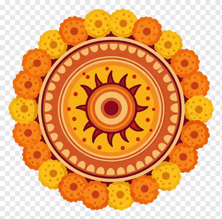 A decorative circular mandala with a floral border.