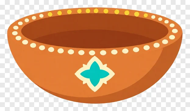 An orange clay diya with a turquoise cross design.