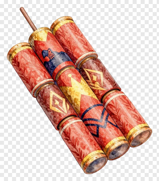 A cluster of decorated red firecrackers with gold bands.