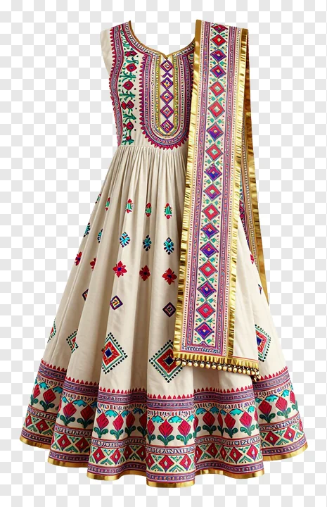 Cream anarkali dress with colorful phulkari embroidery and matching dupatta.