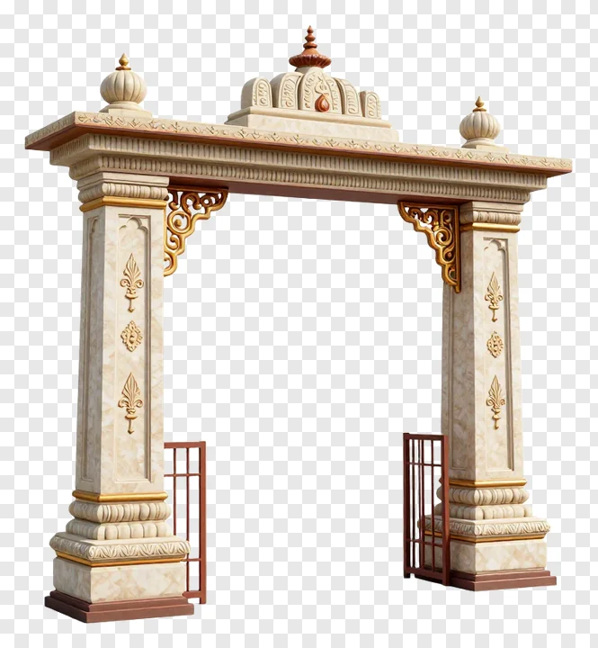 A cream stone mandap gate decorated with golden accents.