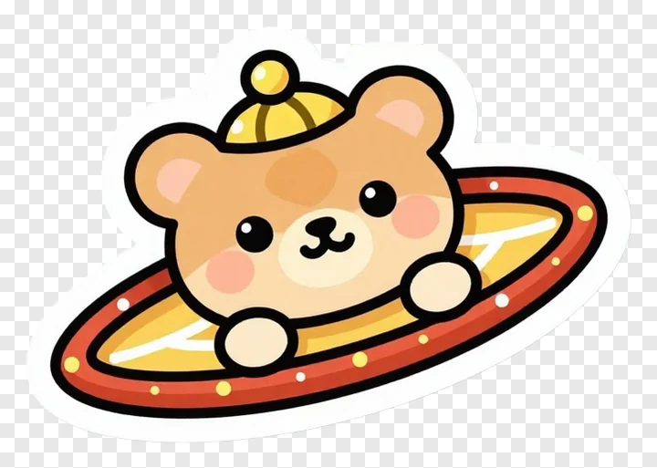 A cute cartoon bear in a golden tilak thali with a crown.
