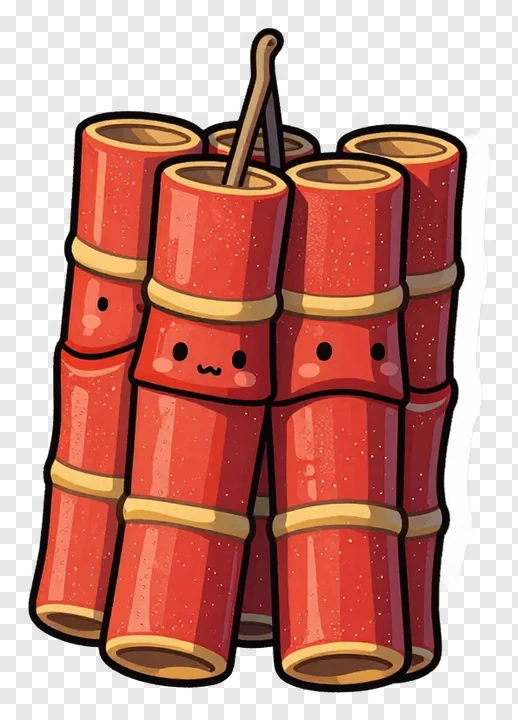 A group of smiling red firecrackers with gold bands.