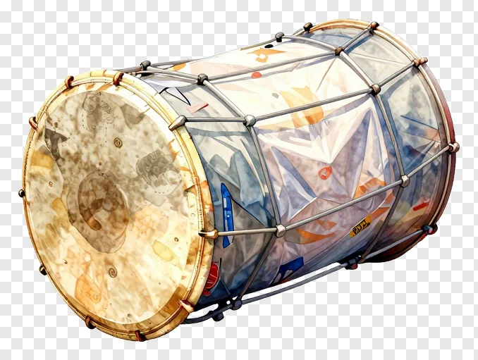 A decorated drum with patterned skin and metal lacing.