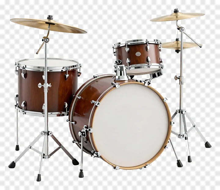 A full-sized drum set with wooden shells and metal hardware.