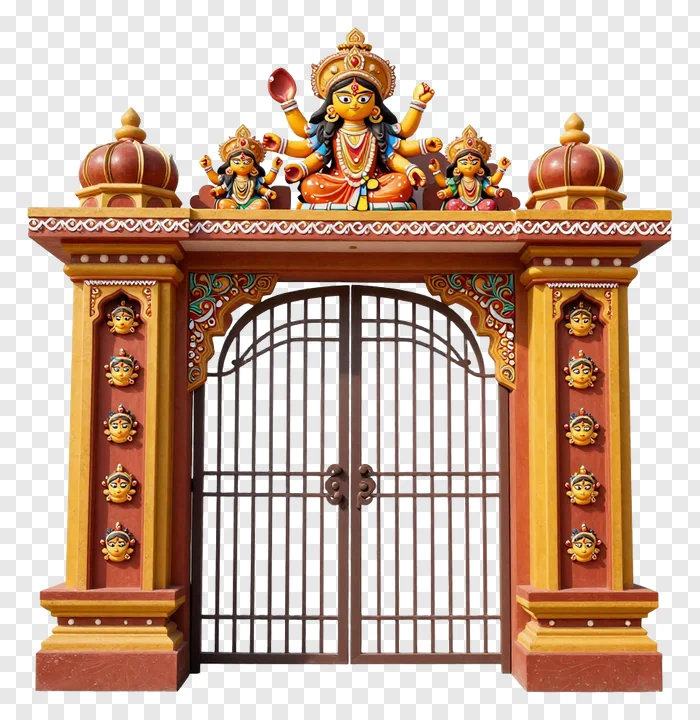 A decorative gate with statues of Durga and her children.