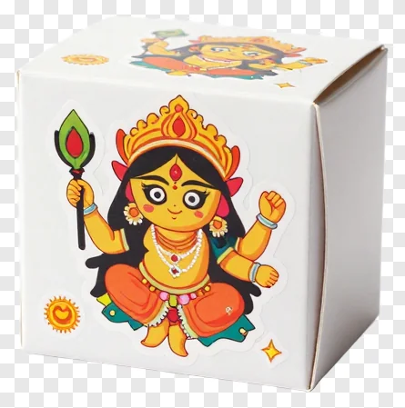 White gift box with cartoon Durga Puja design.
