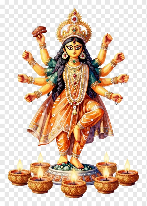 Goddess Durga with eight arms and lit diya lamps.