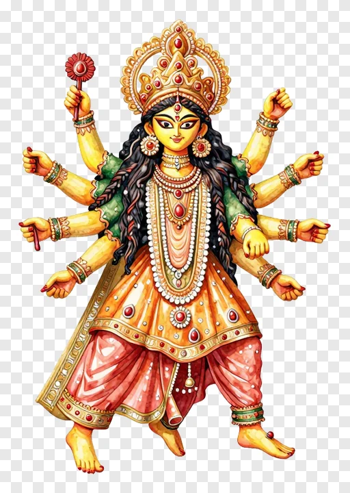 Multi-armed goddess Durga holding a flower staff.