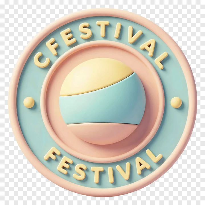 Circular festival emblem with pastel colors and 3D text.