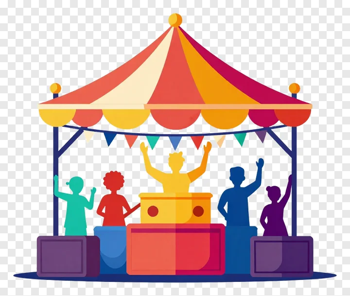 A festive tent with people dancing inside.