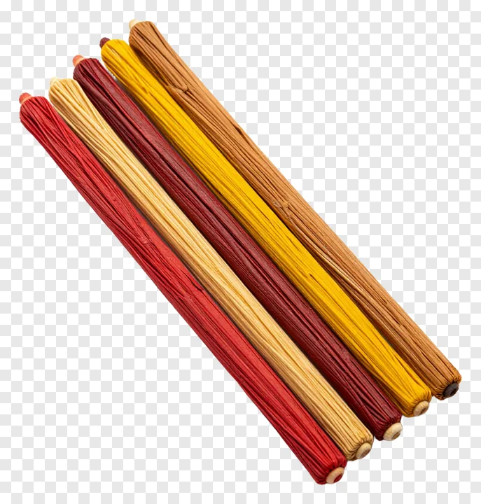 Five colorful dandiya sticks bundled together.