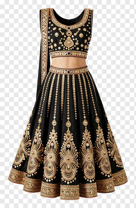 A black and gold embroidered lehenga choli for a garba dancer.
