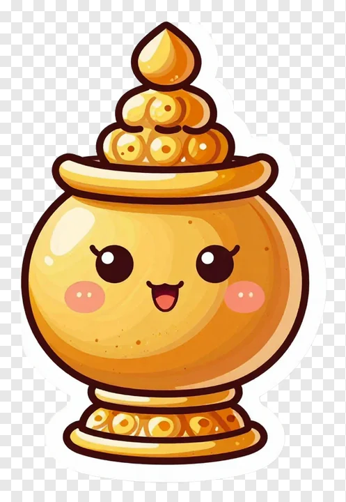 A smiling golden kalash filled with coins for Chhath Puja.