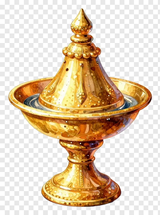 Golden Chhath Puja kalash with dome lid.