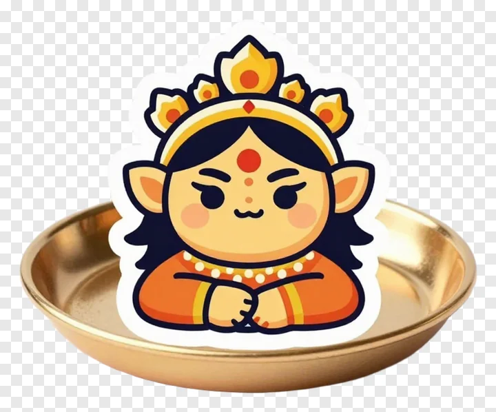 A cartoon Durga on a golden thali.