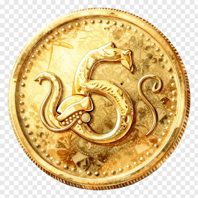 A golden coin with a serpent design and floral patterns.
