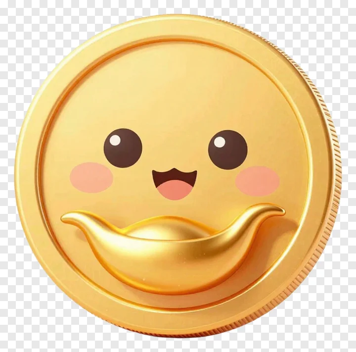 A golden coin with a smiling cartoon face.