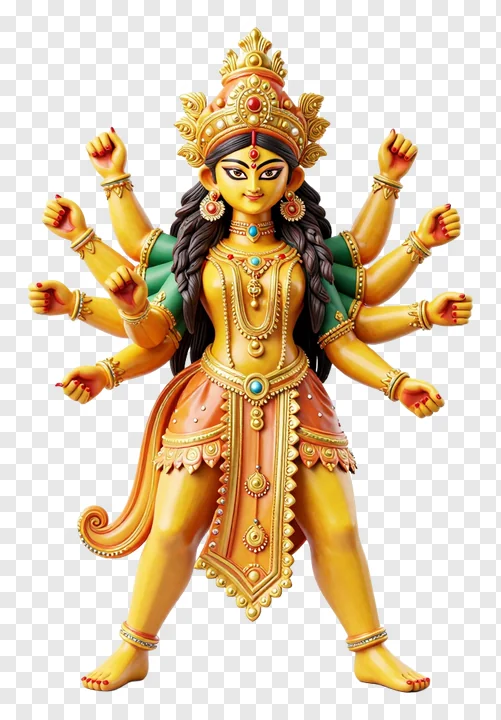 A golden statue of the goddess Durga with multiple arms.