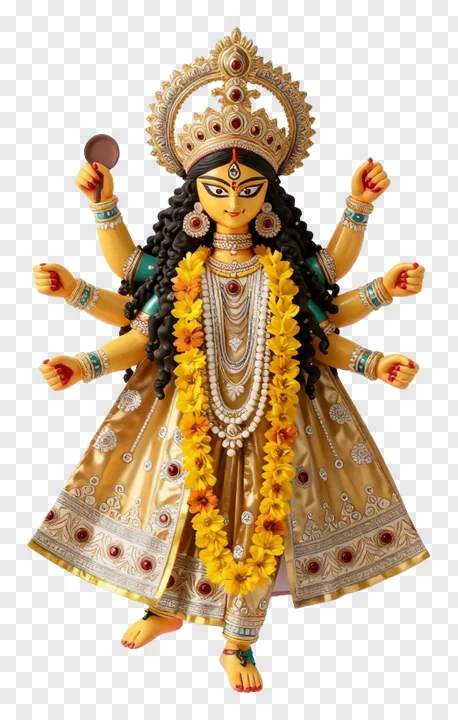 Golden Durga statue wearing a floral garland.