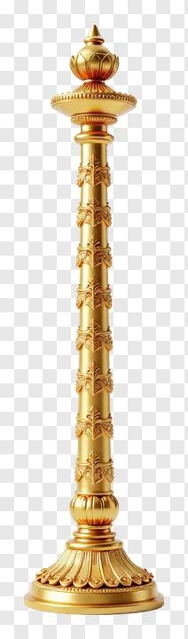 A golden gudi pole with detailed carvings and a lotus finial.