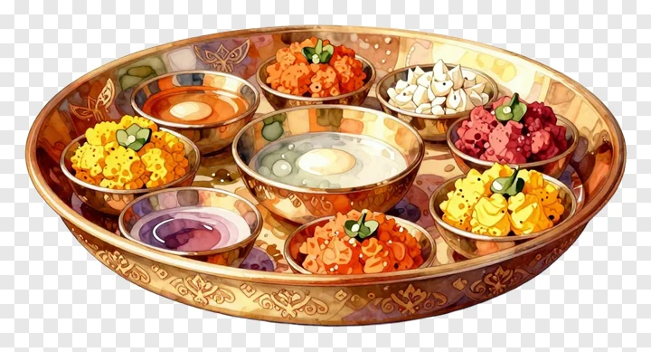A golden Karwa Chauth pooja thali with nine bowls of offerings.