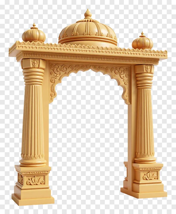 Golden mandap gate with decorative dome and pillars.