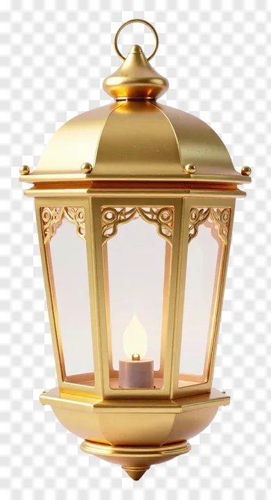 A golden lantern with a lit candle inside.