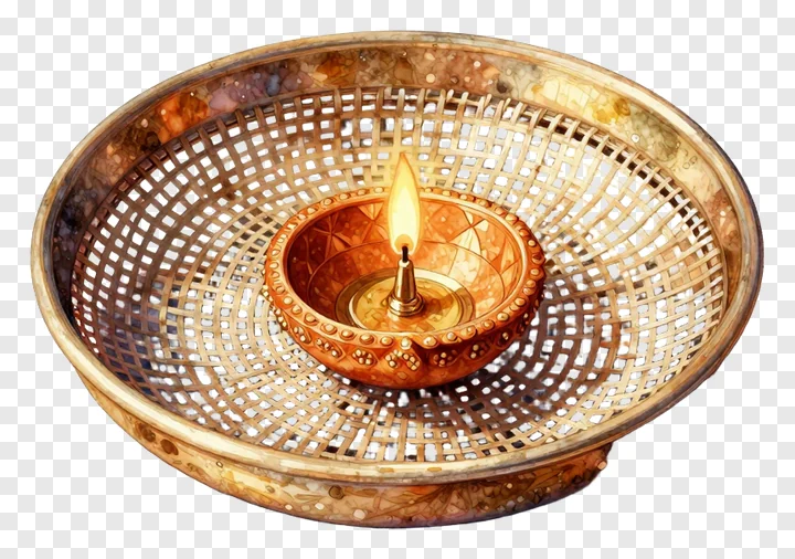 A lit clay oil lamp inside an ornate gold-colored mesh tray.