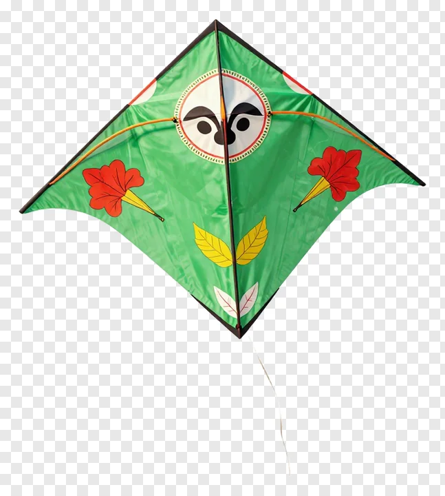 A green kite with a smiling face and red flowers.