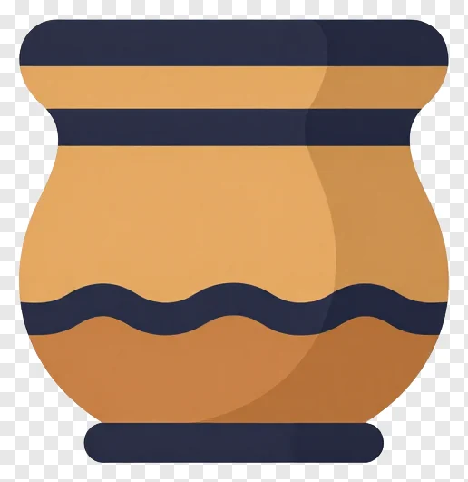 A decorative jar with a lid, in shades of brown and orange.