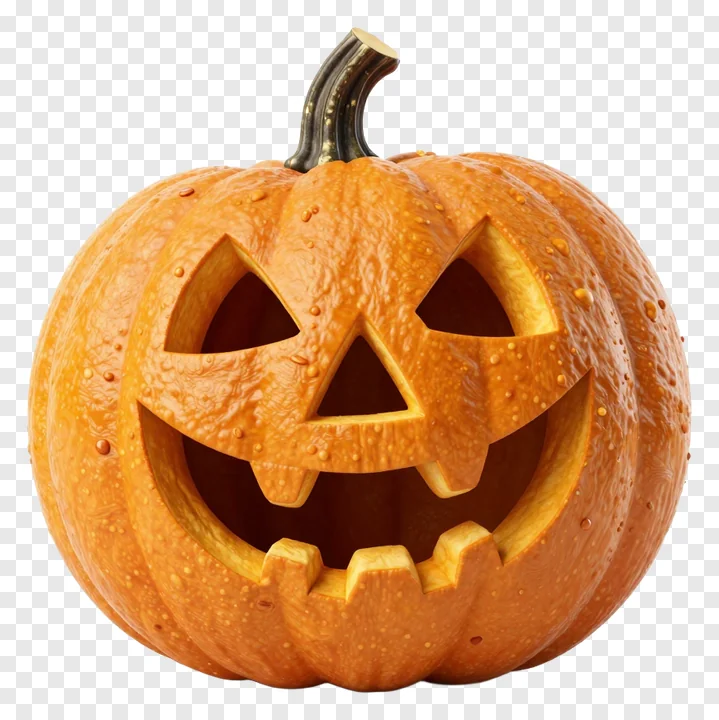 A carved pumpkin with a dark stem and triangular eyes.