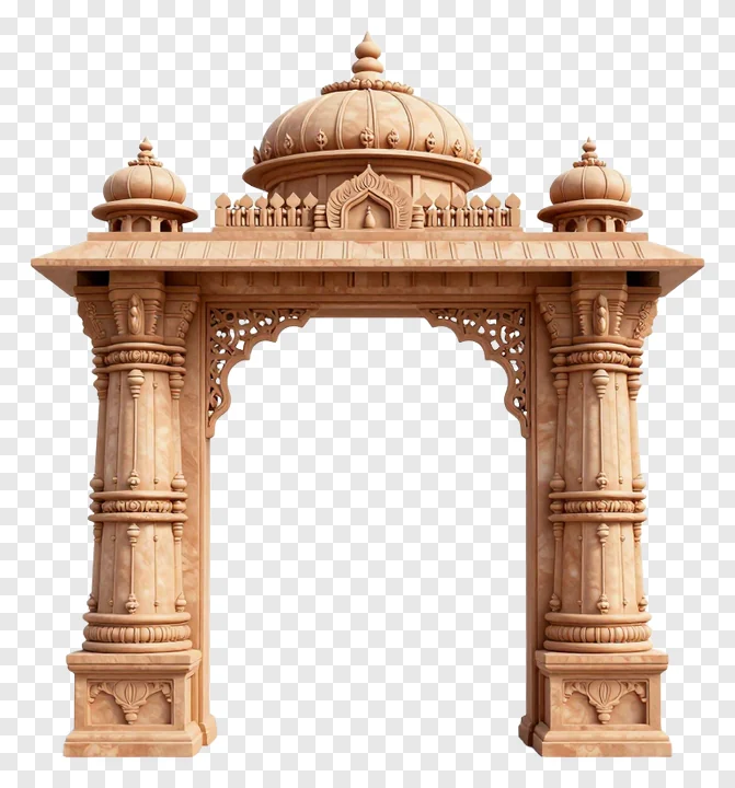 An ornate stone mandap gate with domes and carvings.