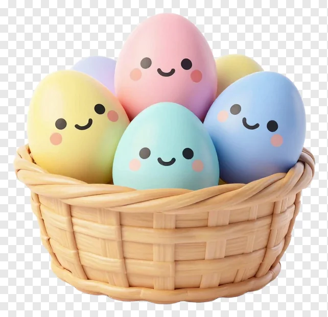 A basket filled with colorful, smiling Easter eggs.