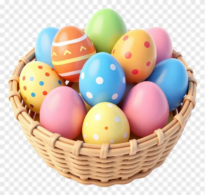 A basket filled with colorful, patterned Easter eggs.