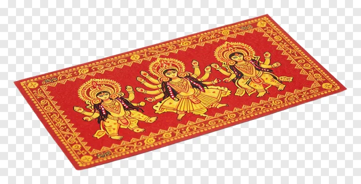 Red alpona pattern with three Durga goddesses.