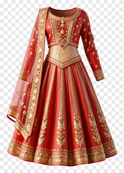 Traditional Indian attire in red and gold colors.