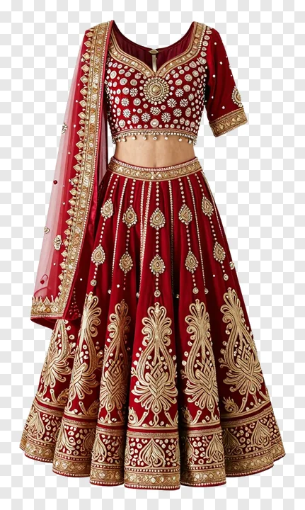 A red embroidered lehenga outfit for a garba dancer.