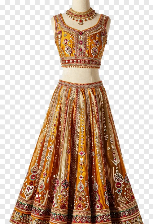 Golden embroidered lehenga for garba dancer on mannequin
