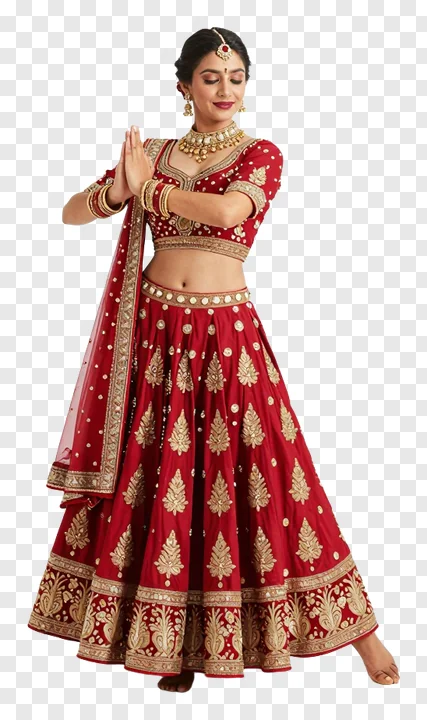 A woman in a red lehenga dancing Garba with hands in prayer pose.