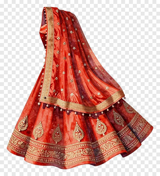 A red phulkari dupatta with gold embroidery and beadwork.