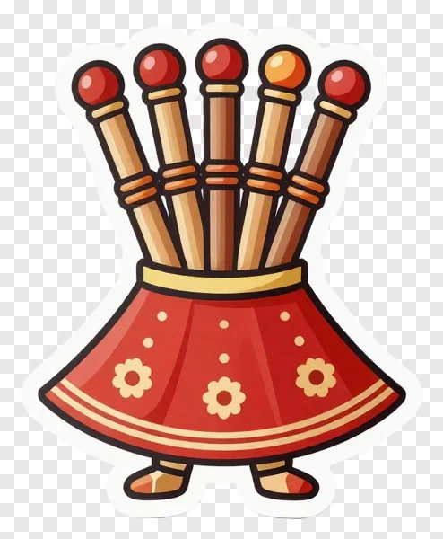 A set of dandiya sticks in a red skirted holder.