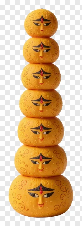 Seven stacked golden Durga faces with alpona designs.