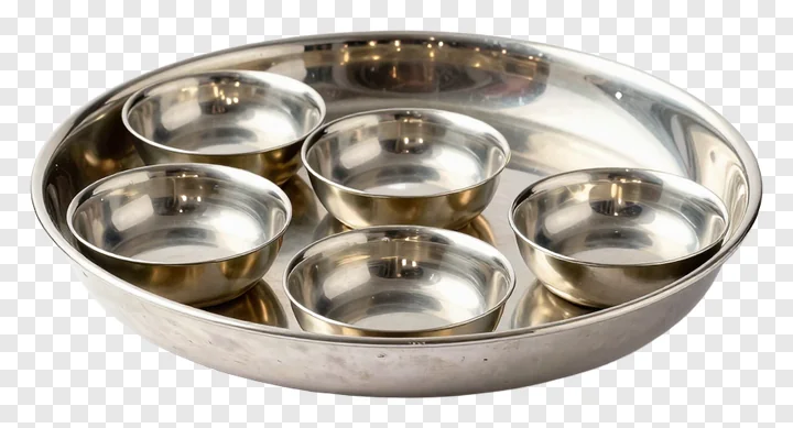 A stainless steel thali with five small bowls.