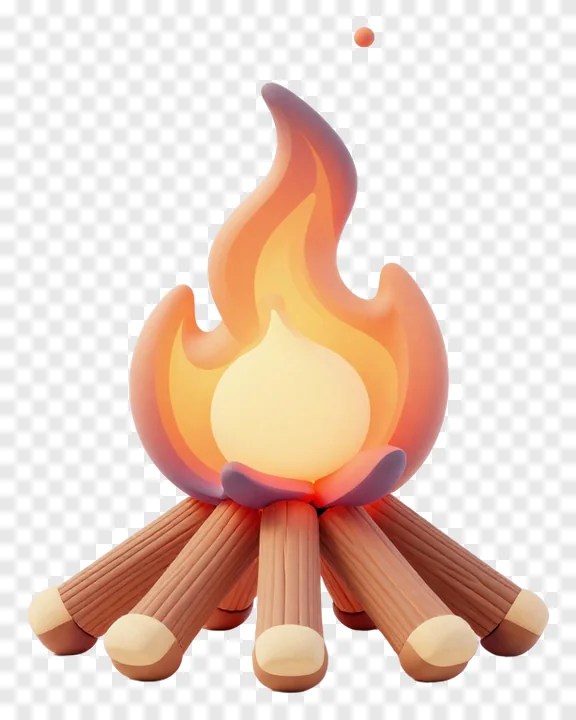 A stylized bonfire with flames and a floating ember.