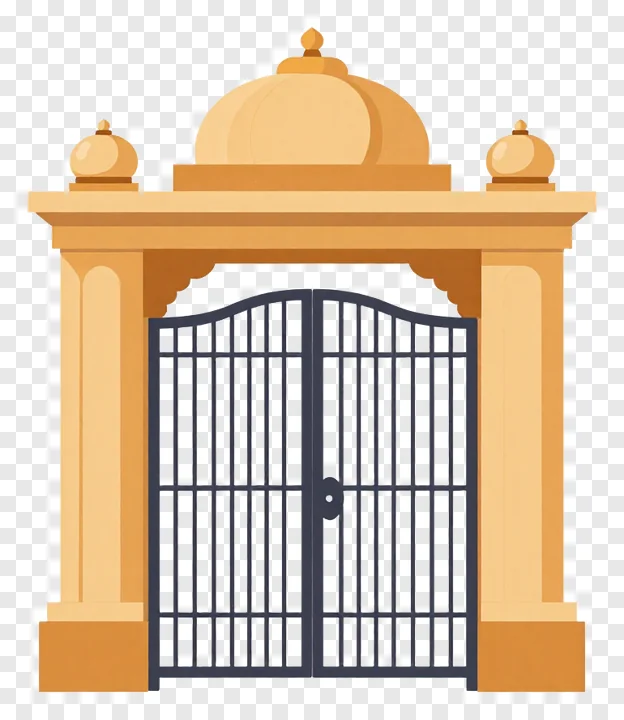 A tan stone mandap gate with a dome and metal grille.